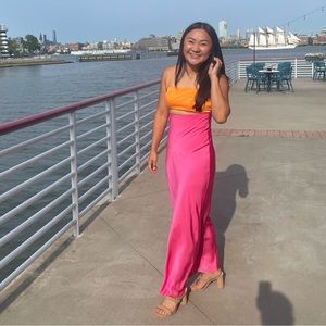 ASOS design satin color block midaxi dress with cutout in pink and orange